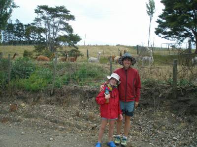 Kathy and Marissa with Alpacas (or llamas) on Waiheke Island