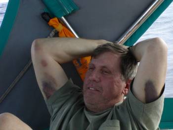 Chip after sleeping in the trampoline cabin