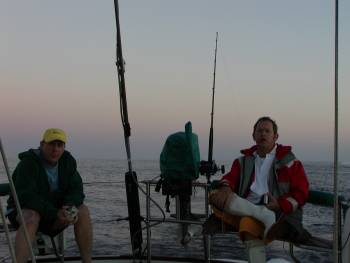 Chip and Dave cold and seasick in their foul weather gear