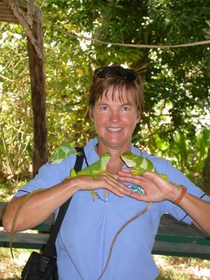 Kathy with her gecko friends Jack, Barbara, and Charlie