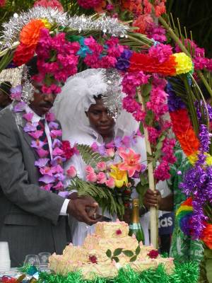 Bride and groom cut the cake