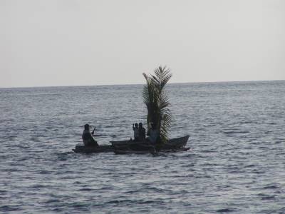Islanders use palm fronds as sails on their canoes